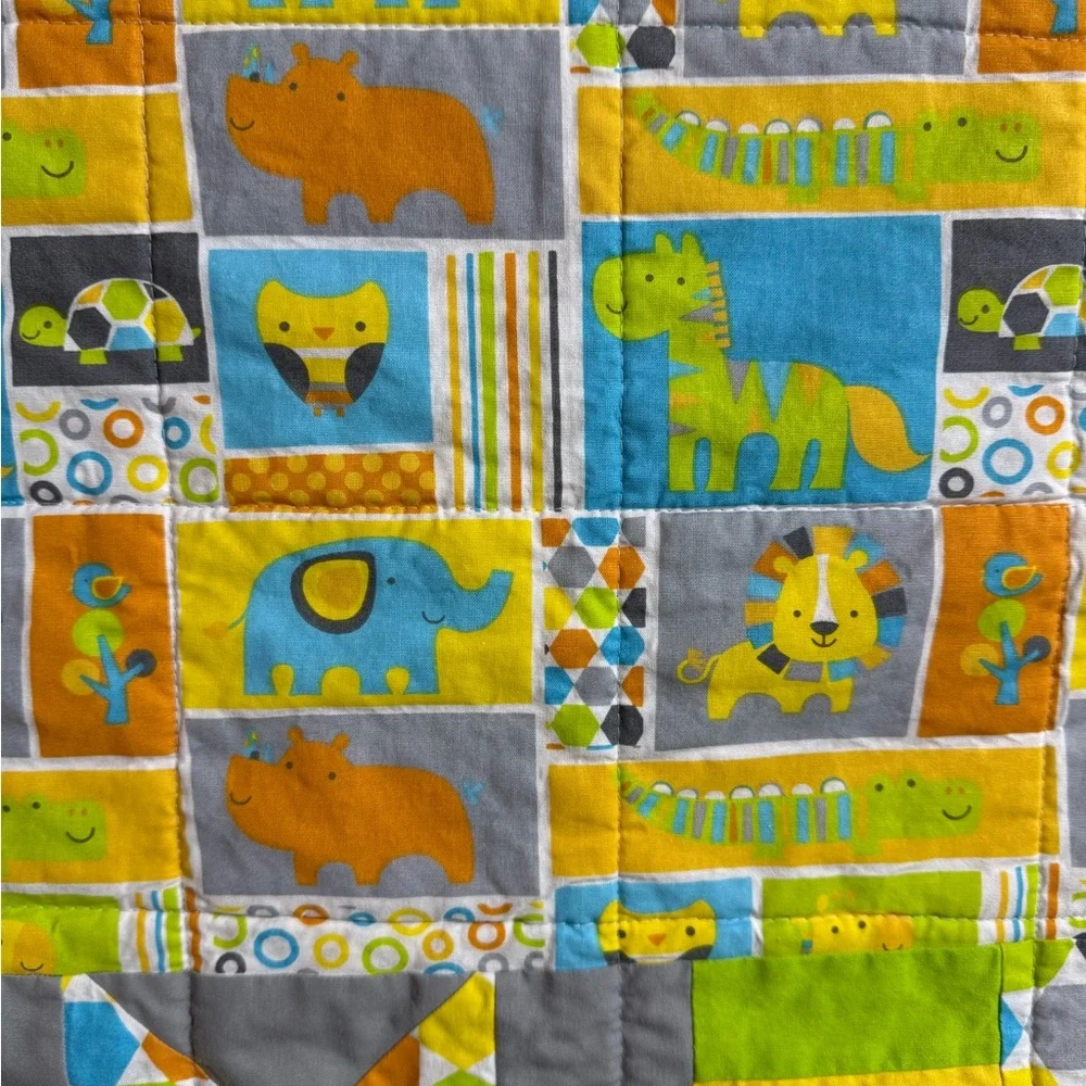 Modern Handmade Baby Quilt Gray‎ Orange Yellow Geometric Stars Zoo Animal
